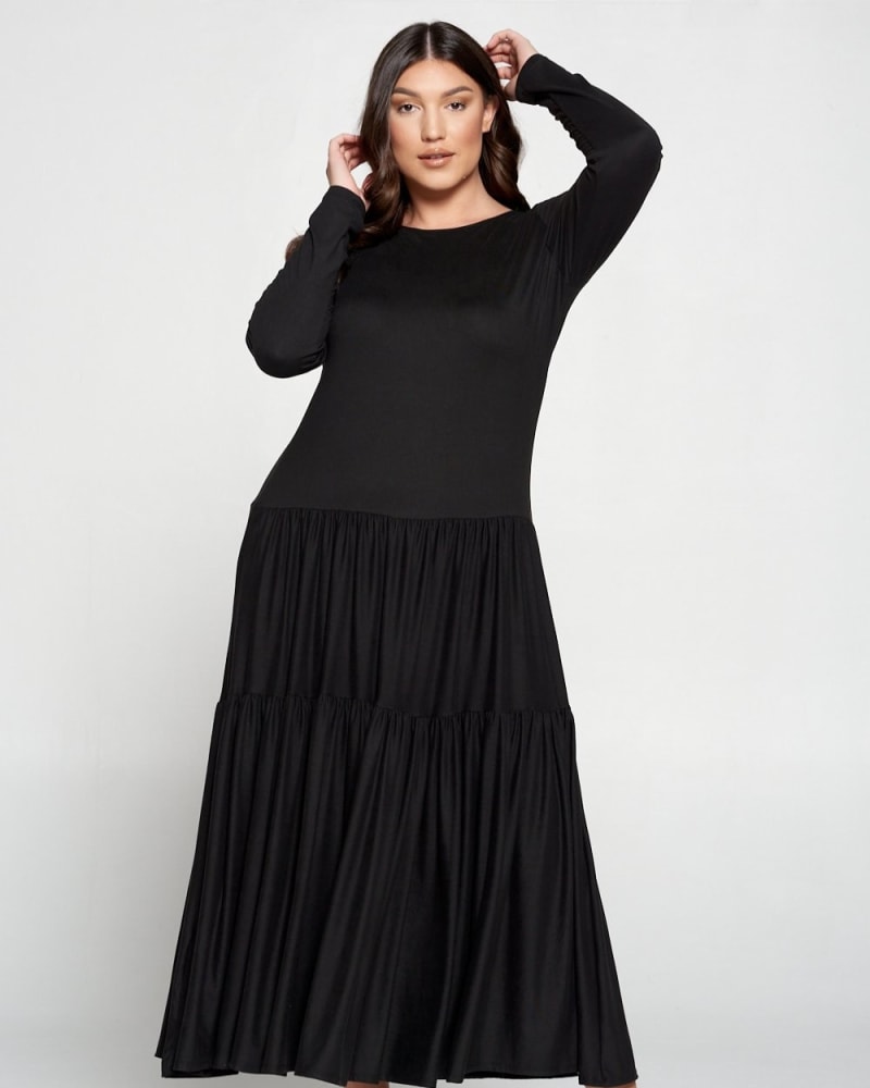 Front of a model wearing a size 1X Alice Tiered Maxi Dress in Black by L I V D. | dia_product_style_image_id:274169